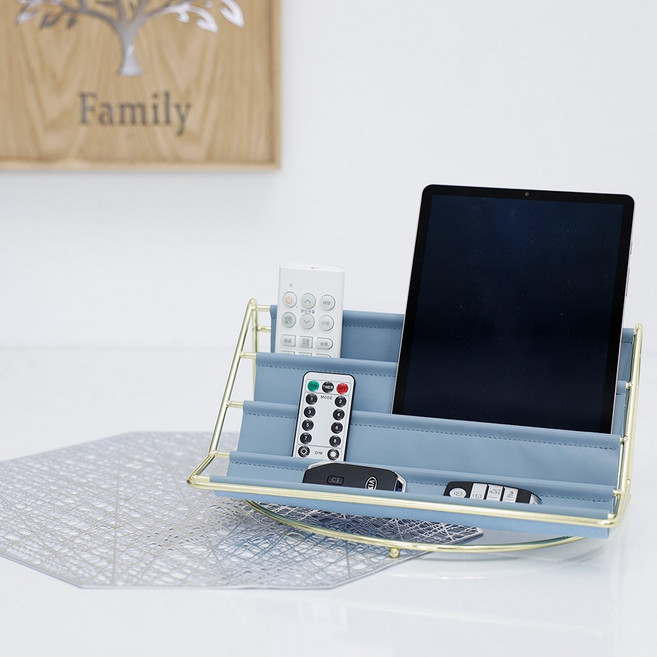 HK.sell 4단 가죽 다용도 리모컨 악세서리 아이패드 정리대+팔각매트, 1개, 블루