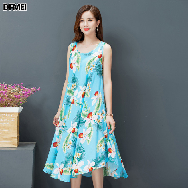 DFMEI 大碼綿綢背心連衣裙夏裝民族風女裝文藝復古印花無袖大擺長裙