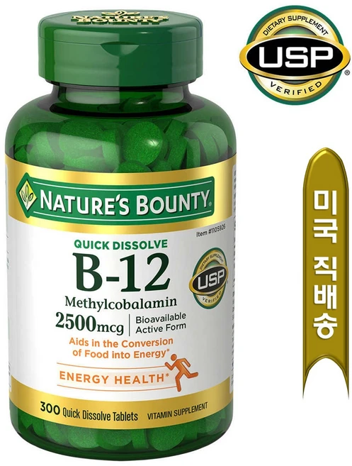 네이처스 바운티 빠른 흡수 비타민 B-12 2500mcg 300정 Natures Bounty 2500 mcg 300 Quick Tabs, 타블렛, 성인남녀공용, 1개 - 쿠팡