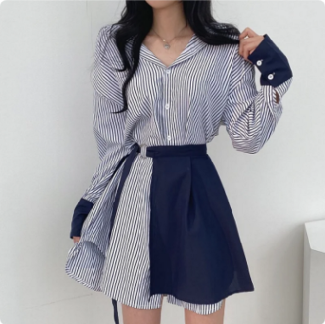 세련된 싱글 브레스트 스트라이프 셔츠 원피스 버클 하이 웨이스트 투피스 세트