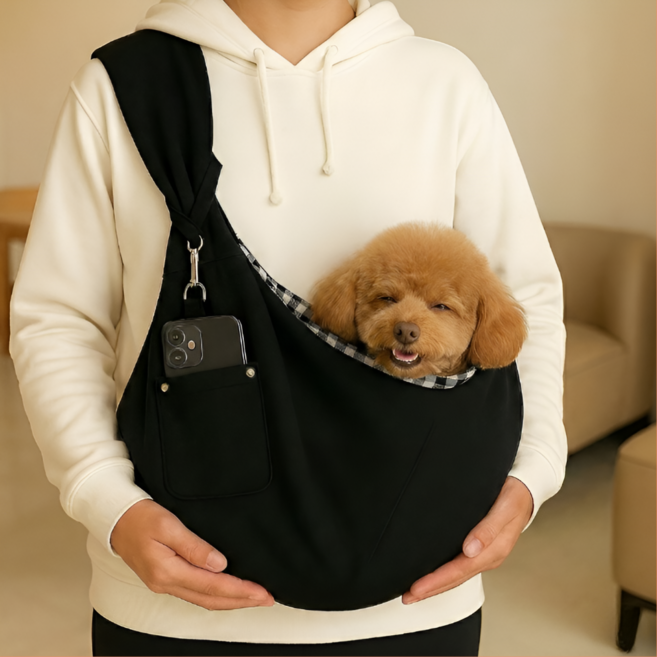 우핑펫 어깨 푹신 안전고리 강아지 슬링백, 블랙, 1개