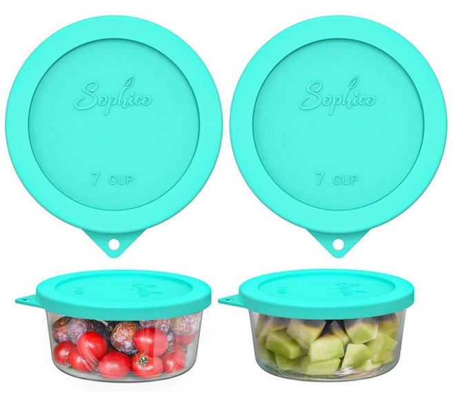 SOPHICO Sophico 앵커 호킹 및 파이렉스 7402-PC 6/7컵 유리 그릇용 원형 실리콘 보관 커버 뚜껑 교체용(용기 미포함) (블루-2팩) 315036, 민트 - 2팩