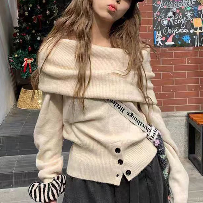 cammello 웨이스트 버튼 루즈핏 오프숄더 니트 티셔츠 긴팔 니트티