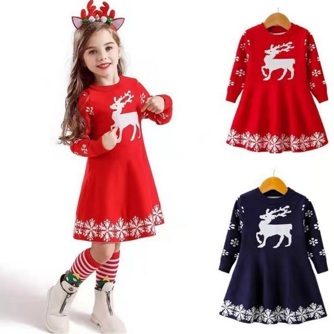 하마테 여아용 크리스마스 루돌프 니트 원피스