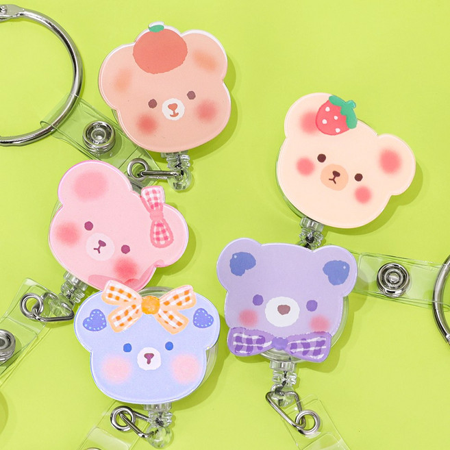 너스키니 파스텔곰 테이프걸이 강력 집게형 간호사 릴홀더 테이프걸이 간호사용품 사원증 출입증 목걸이 간호사 릴홀더, 2딸기곰