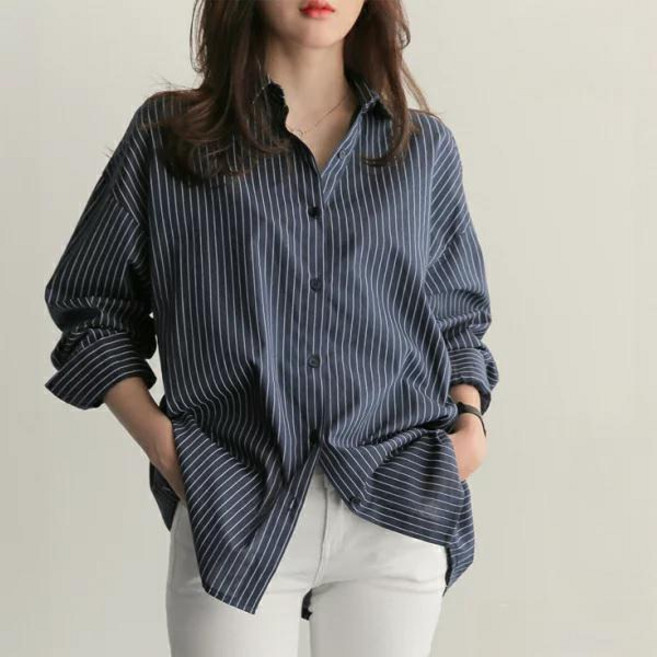 shiny格子文青質感翻領條紋長袖襯衫 S~2XL