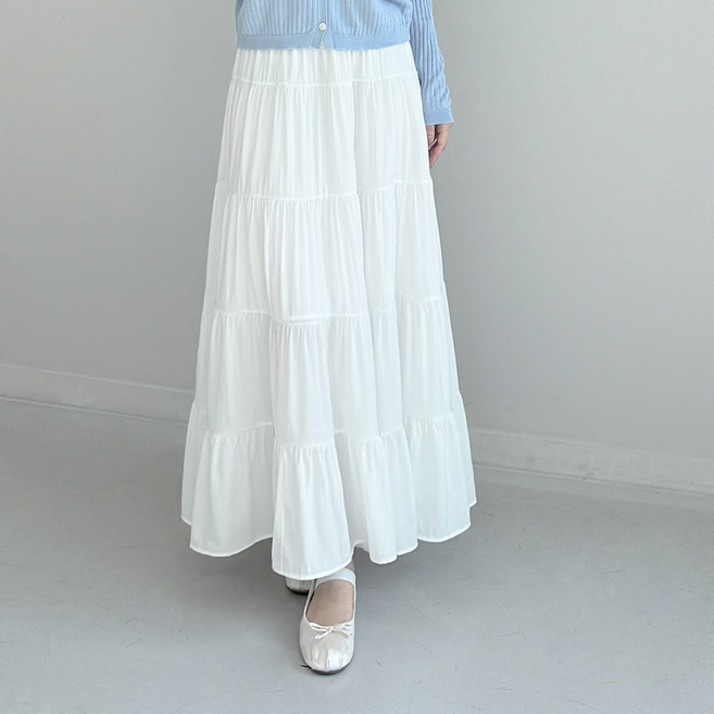 멜로우 4단 셔링 캉캉 밴딩 안감 롱 스커트
