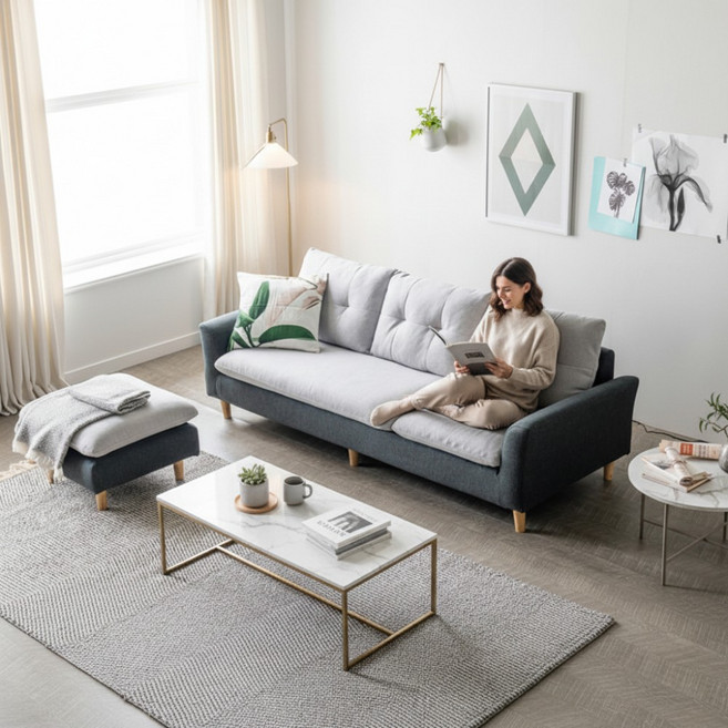 자네트 세실리 3인용 풀커버 패브릭 소파 스툴포함, 투톤그레이