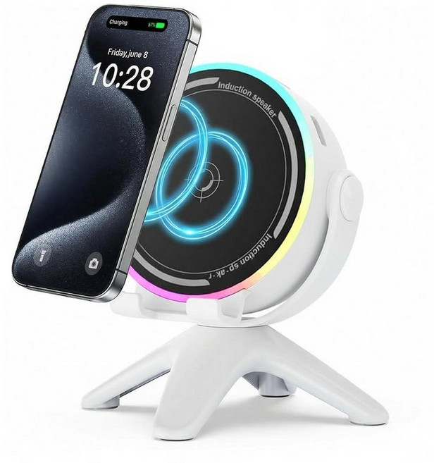 Strackvial 5-in-1 무선 인덕션 블루투스 스피커 휴대폰 스탠드 포함 RGB 주변 조명 180° 조절 가능 홈 오피스 실외용 HD 사운드 여성을 위한 선물, 화이트