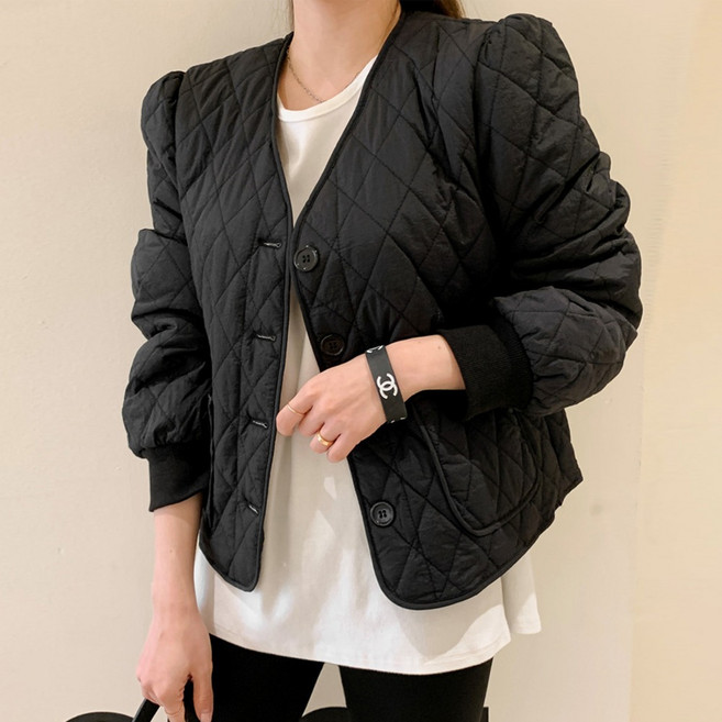 브이넥 노카라 퍼프 퀼팅 패딩 자켓 점퍼