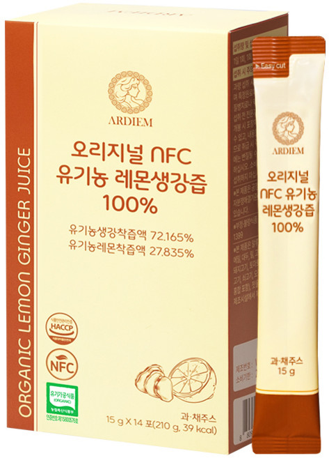 아르디엠 오리지널 NFC 유기농 레몬생강즙 100% 진저샷 레몬 생강, 1박스, 210g