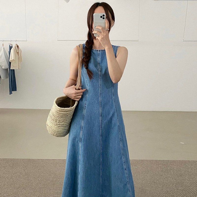 라운드넥 민소매 나시 절개선 A라인 포켓 롱 워싱 데님 여름원피스 롱원피스 청원피스