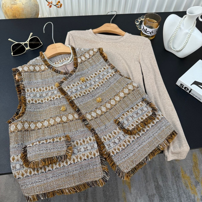 여성 프렌치룩 시크 조끼 봄 가을 캐주얼 트렌드 트위드 민소매 베스트 아우터 패션 슬림핏 여자 나시 코트 LJX