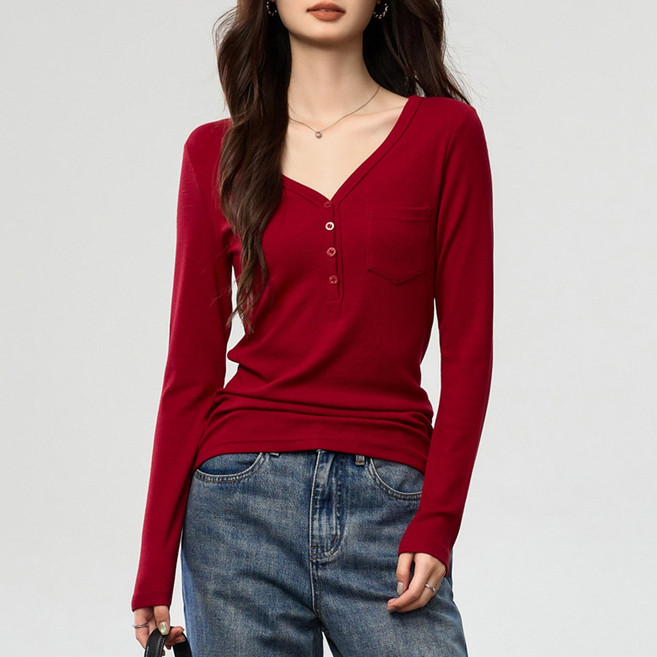 엘에프제트 슬림핏 여성 브이넥 포켓 긴팔티셔츠 골지 면티 25640
