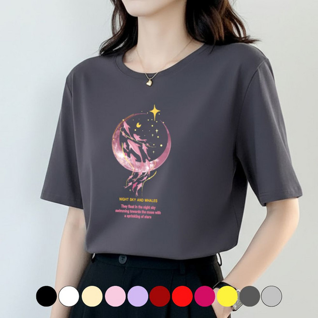 다솜이룸 여성 라운드넥 여름 시원한 반팔티 커플티 캐릭터 이너 홈웨어 핑크돌고래 프린팅 면 티셔츠