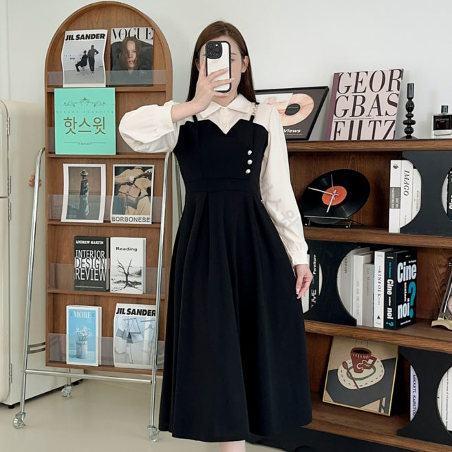 핫스윗 상하의 일체형 카라 긴팔 슬림 미디 원피스 스몰부터 빅사이즈까지