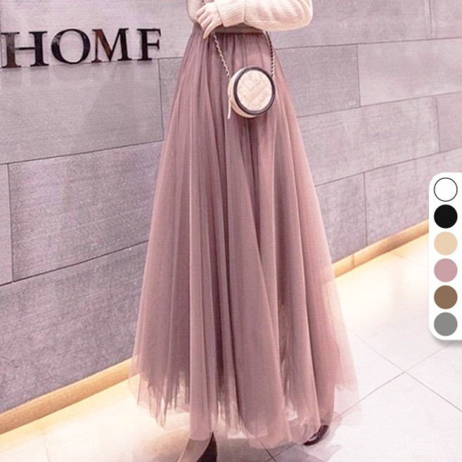 SISI 韓版氣質高腰網紗長裙 A字百褶蕾絲半身裙 鬆緊帶百搭裙