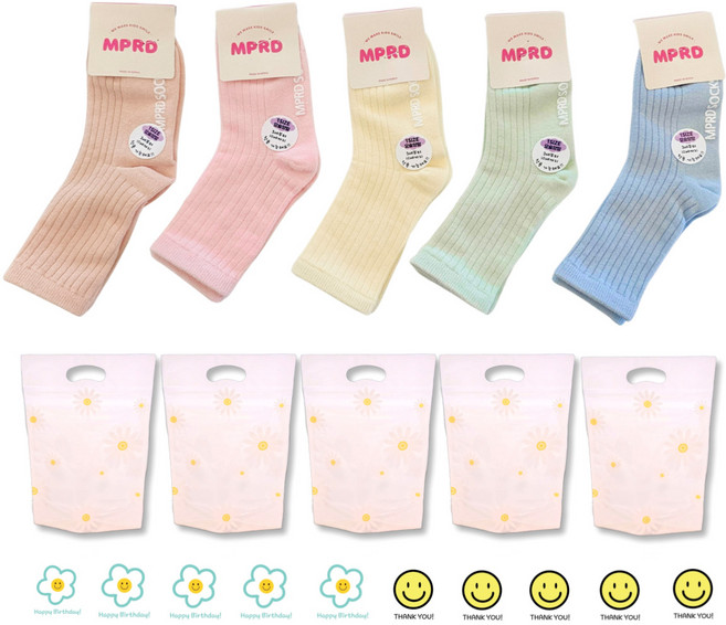 미포리댁 어린이집 생일 답례품 선물 유치원 졸업 입학 구디백 아동 유아 키즈 양말, 5개, 양말+데이지 지퍼백