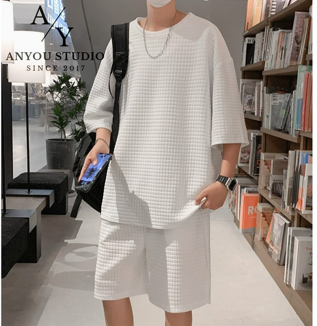 ANYOU 남성 여름 트레이닝복 세트 반팔 상의 반바지 루즈핏 캐주얼 세트