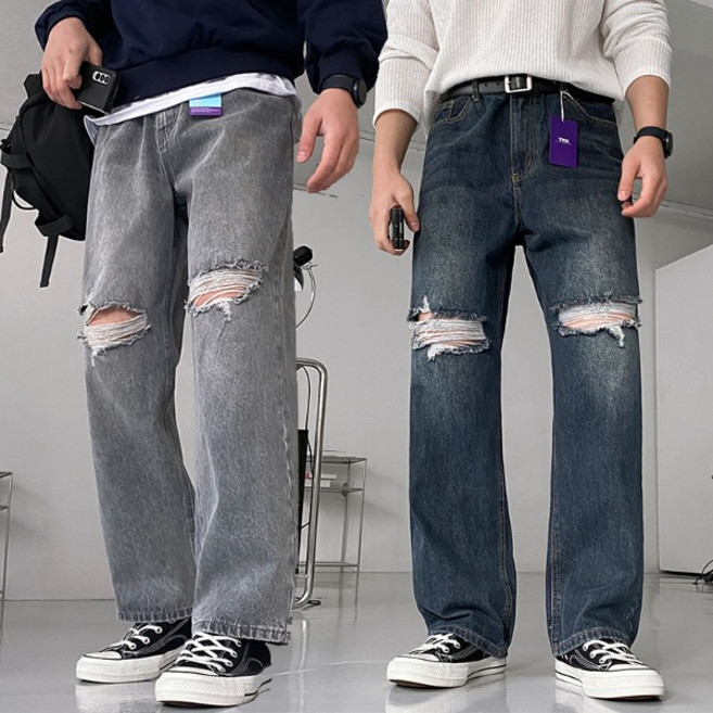 남자 스판 여름 내츄럴 워싱 연청 무릎 뻥 무파진 밑단커팅 디스트로이드 청바지 빅사이즈