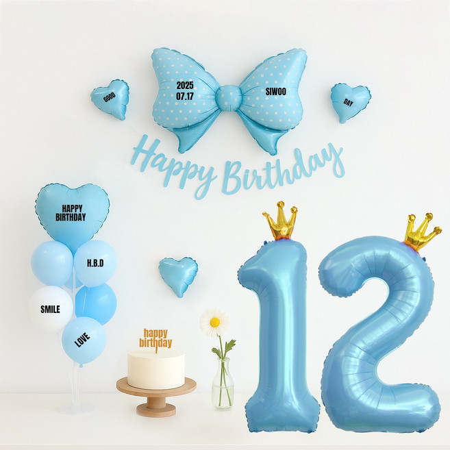 해피제이니 핑크앤블루 대형리본 숫자풍선 생일파티 가랜드 풍선 파티세트(프리레터링시트지 포함), 1세트, 블루리본 12번