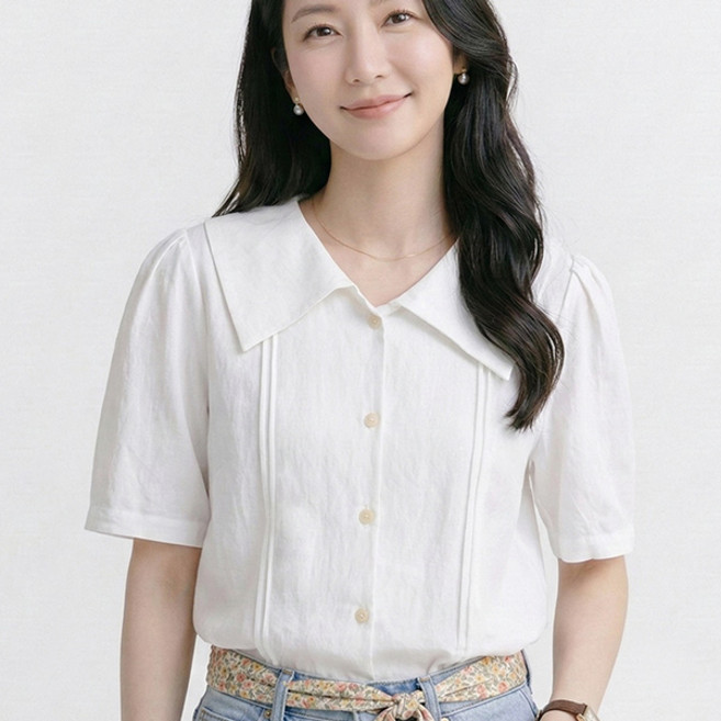 나바바 NB3085 여성 레트로 로맨틱 셔링 빅카라 반팔 블라우스 셔츠