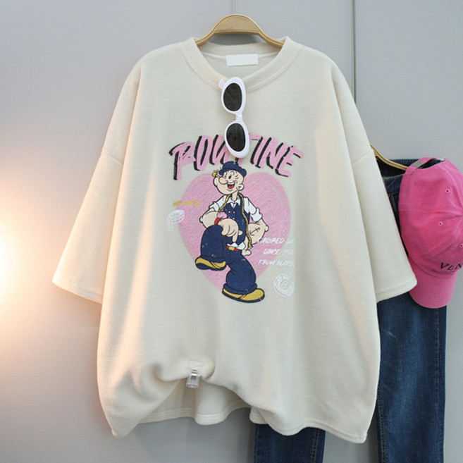 달콩 여성 빅사이즈 루즈핏 기모티 엉클프린팅후리스박스반팔티(기모)