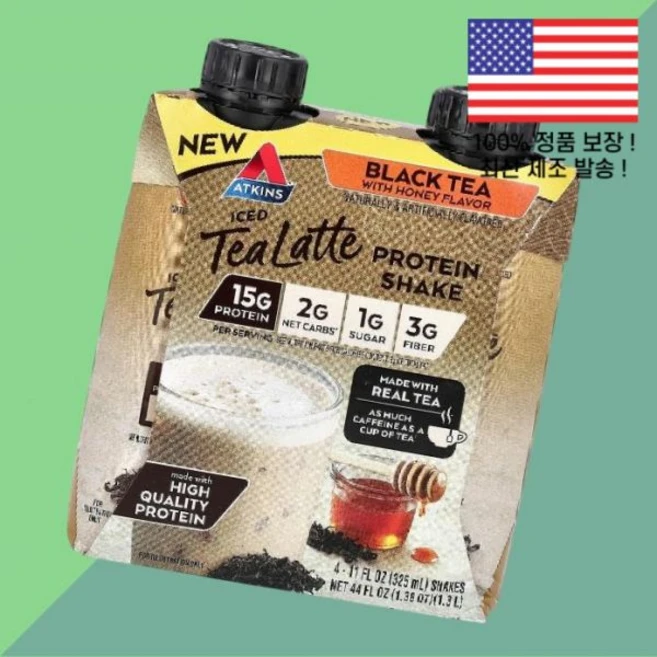 앳킨스 아이스티 라떼 단백질 프로틴 쉐이크 꿀 허니이 든 홍차 4개 각 11온스 325ml Atkins Iced Tea Latte Protein Shake Black Honey - 쿠팡