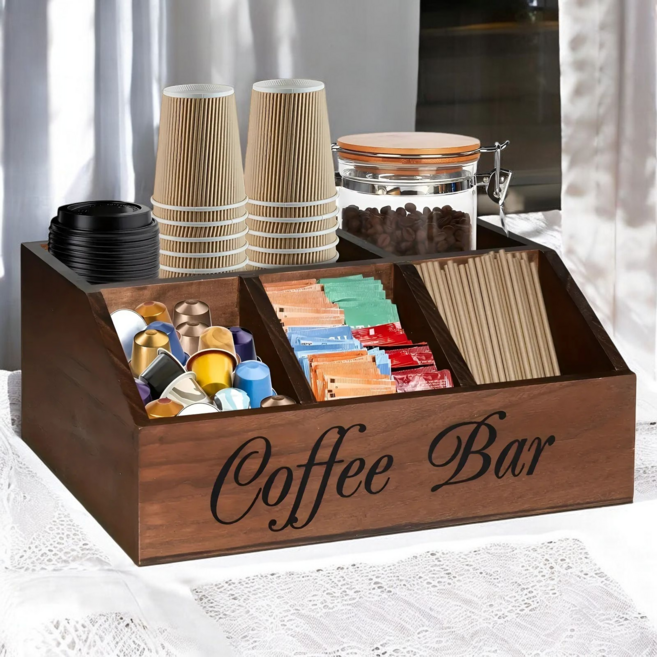 고급 원목 커피 티백 정리함 탕비실 다용도 수납함, 1개, 브라운
