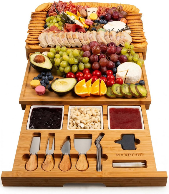 엑스트라 라지 사이즈 33.7x15.7인치 샤커트리 보드 선물 세트 100% 대나무 치즈 및 나이프 쿨 미트 플래터 트레이 하우스 워밍 새 집 여성 엄마를 위한 디어 탄산, Carbonized Bamboo