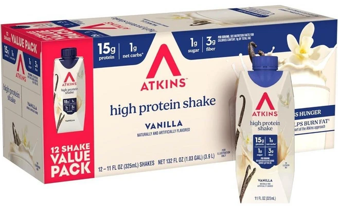 Atkins 바닐라 고단백 쉐이크 (15g 단백질/12팩) 순탄수화물 1g 케토 프렌들리 - 쿠팡