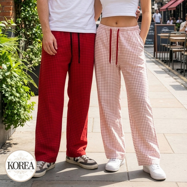 토토와모모 커플 주머니 바지 잠옷 홈웨어 와이드 체크 파자마
