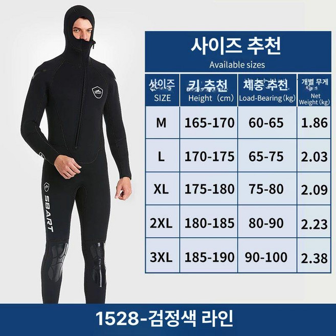 스킨스쿠버수트 해녀복 남성용 웻슈트 해루질 방한, 5mm 블랙 스티치