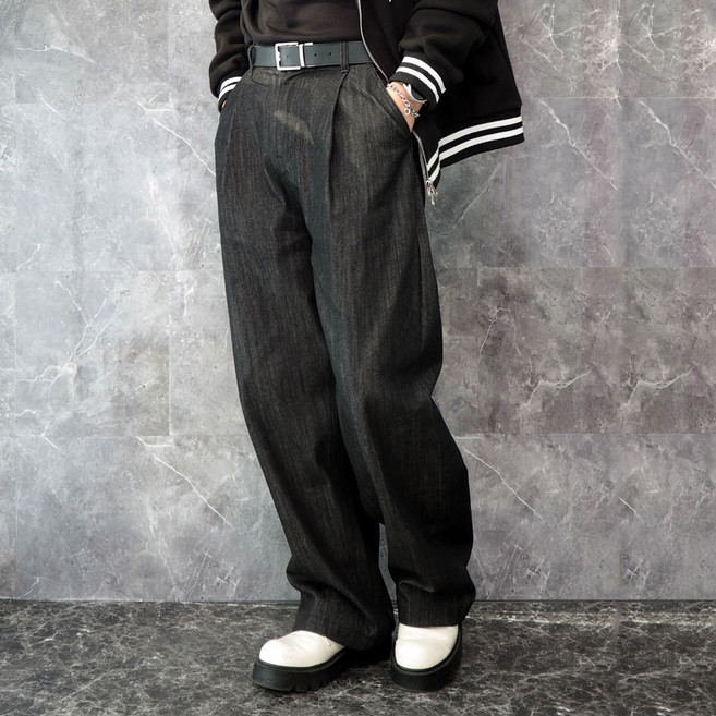 오네그 남성 흑청 청바지 생지 원턱 와이드 데님 팬츠