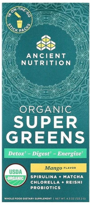 Ancient Nutrition 유기농 슈퍼 그린 망고 휴대용 스틱팩 16개 개당 7.7g, 1개 - 쿠팡