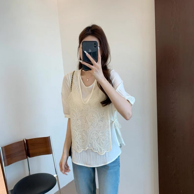 奈看服飾 小香風甜一夏極輕104g立體刺繡假兩件蕾絲甜美洋裝 五分袖 夏季上衣