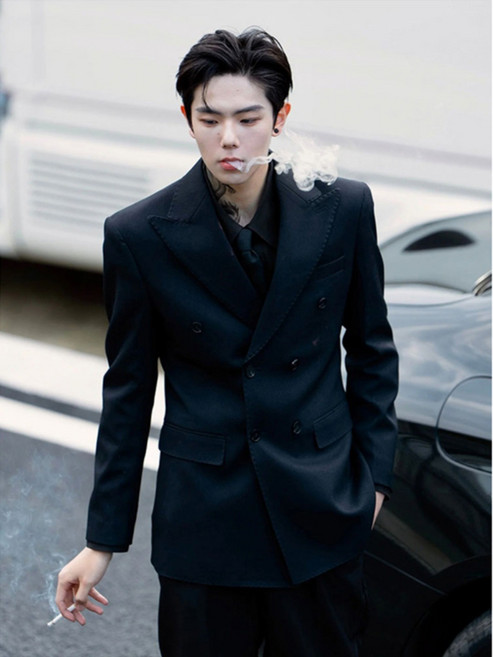 【痞帥英倫】西裝外套 男裝夾克 休閒西裝 雙排扣西服 英倫風外套 春秋薄款 黑色修身 高級感通勤 雅痞男友風