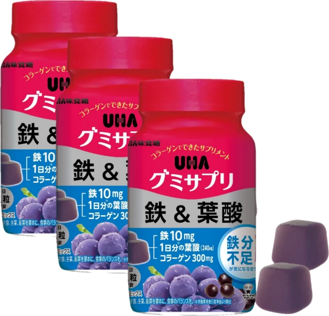 일본 UHA 미카쿠도 구미 젤리 맛있는 온가족 청소년 성장기 철분 엽산 30일분, 3개, 60정 - 쿠팡