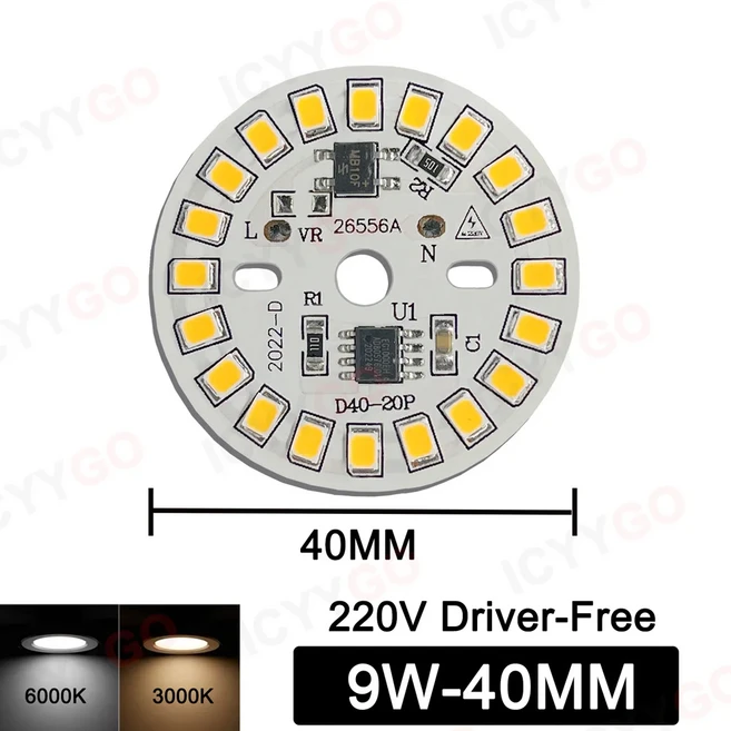 12W 15W 18W LED 전구 SMD 빛 2835 플레이트 라운드 모듈 광원 램프 AC 220V 통 칩 스포트라이트, [04] 5PCS Power Cord, [04] 9W-40MM, [01] White Light