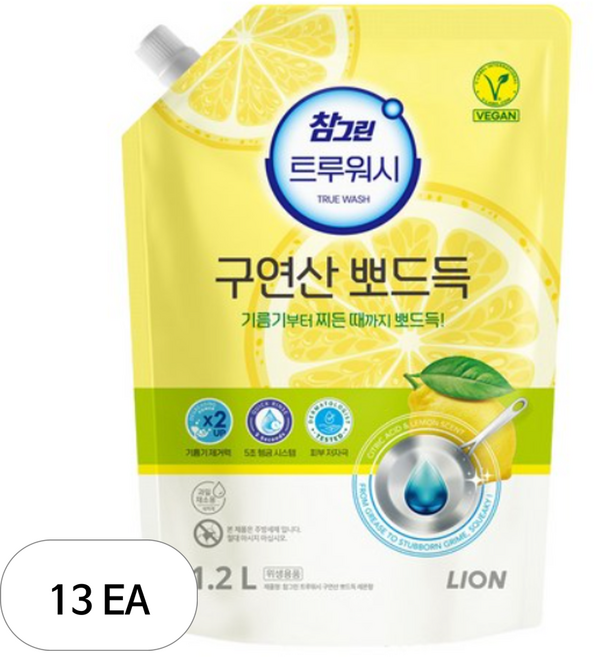 참그린 트루워시 구연산 뽀드득 주방세제 레몬향 리필, 1.2L, 13개
