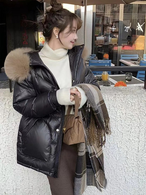 DFMEI 하프 패딩 여 기질 퍼 카라 도톰하고 작은 향으로 날씬해 보이고 허리감기코트