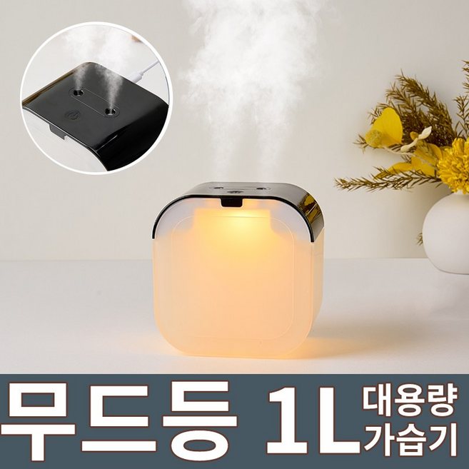 WOWWAY 미니 가습기 듀얼미스트 1L 무드등 무소음 가정용 사무실용 탁상용 가습기, 블랙