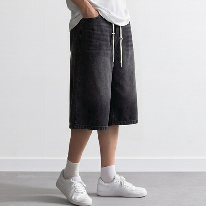 [투뎃] 남녀공용 데일리 샌드워싱 버뮤다 밴딩 데님 팬츠