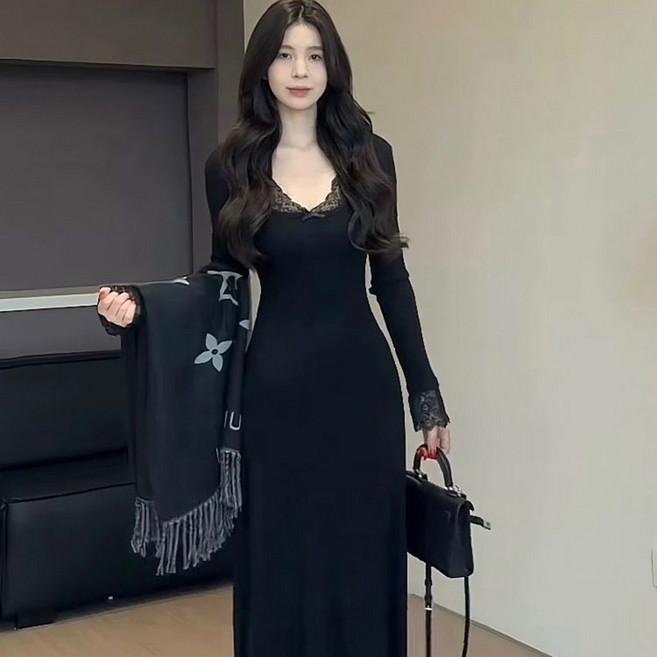 메인워크 여성 레이스 긴팔 원피스 봄가을 간절기 프렌치 머메이드 이너 허리조임 기질 슬림핏 캐주얼 힙업 롱스커트