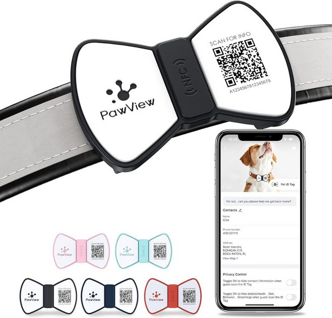 PawView 스마트 애완동물 ID 태그 QR 코드 개 구독료 없음 즉각적인 스캔 위치 알림이 있는 방수 사일런트 실리콘 이름 스타일리시한 보타이 그레이트 이스터 및 봄, 1세트, Red