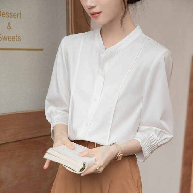 POMTOR 여성 여름 7부 쉬폰 블라우스 화이트 헨리넥 심플 통근 셔츠