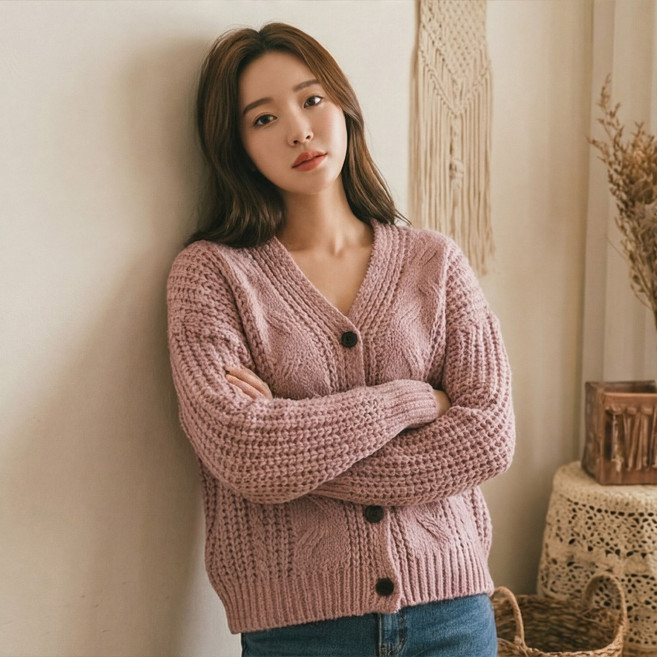 엘오노 J162-4 빅사이즈 여성 브이넥 케이블 니트 가디건
