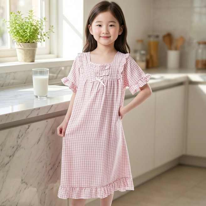 캐리루시 아동 주니어 시원한 요루 스퀘어넥 공주님 홈드레스 프릴 반팔 잠옷 원피스