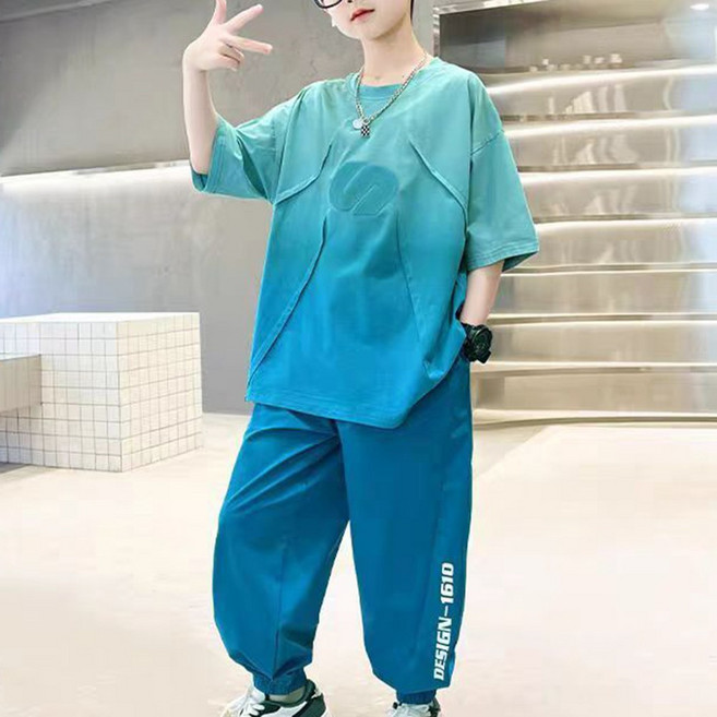 로르카 14세 이상 사용 가능 아동용 프린트 반팔 티셔츠 밴딩 조거팬츠 루즈핏 캐주얼 트레이닝 세트 V01033103