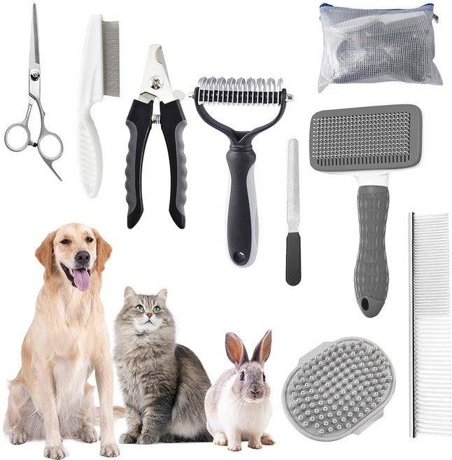고양이 손톱깎이와 파일이 포함된 반려동물 슬라이커 헤어 브러시 키트 하나에 9개의 PCS를 털갈이용 큐아이옥스 강아지 - 모든 소형 대형견 그레이용 갈퀴, 9-Grey, 1개
